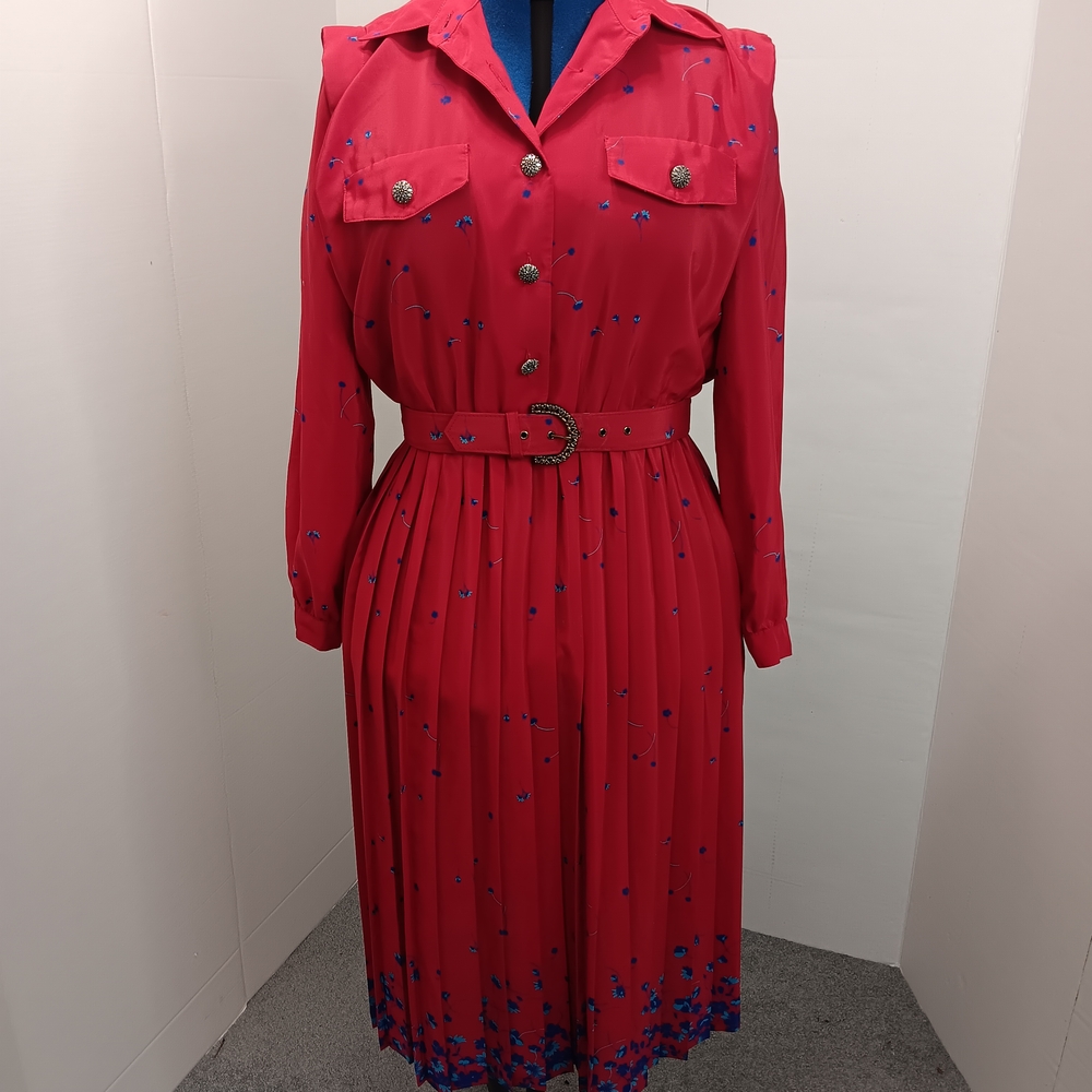 Vintage 1980s Leslie Fay Red Dress with Blue Details